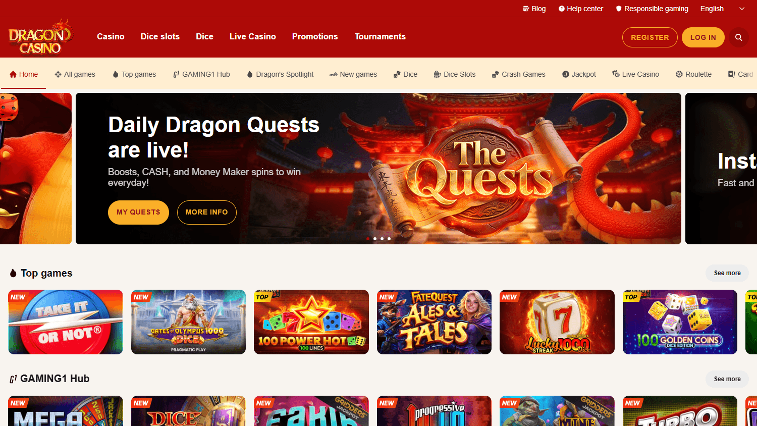 Dragonia casino homepage desktop screenshot