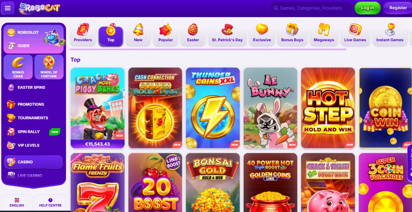 Robocat casino homepage desktop screenshot