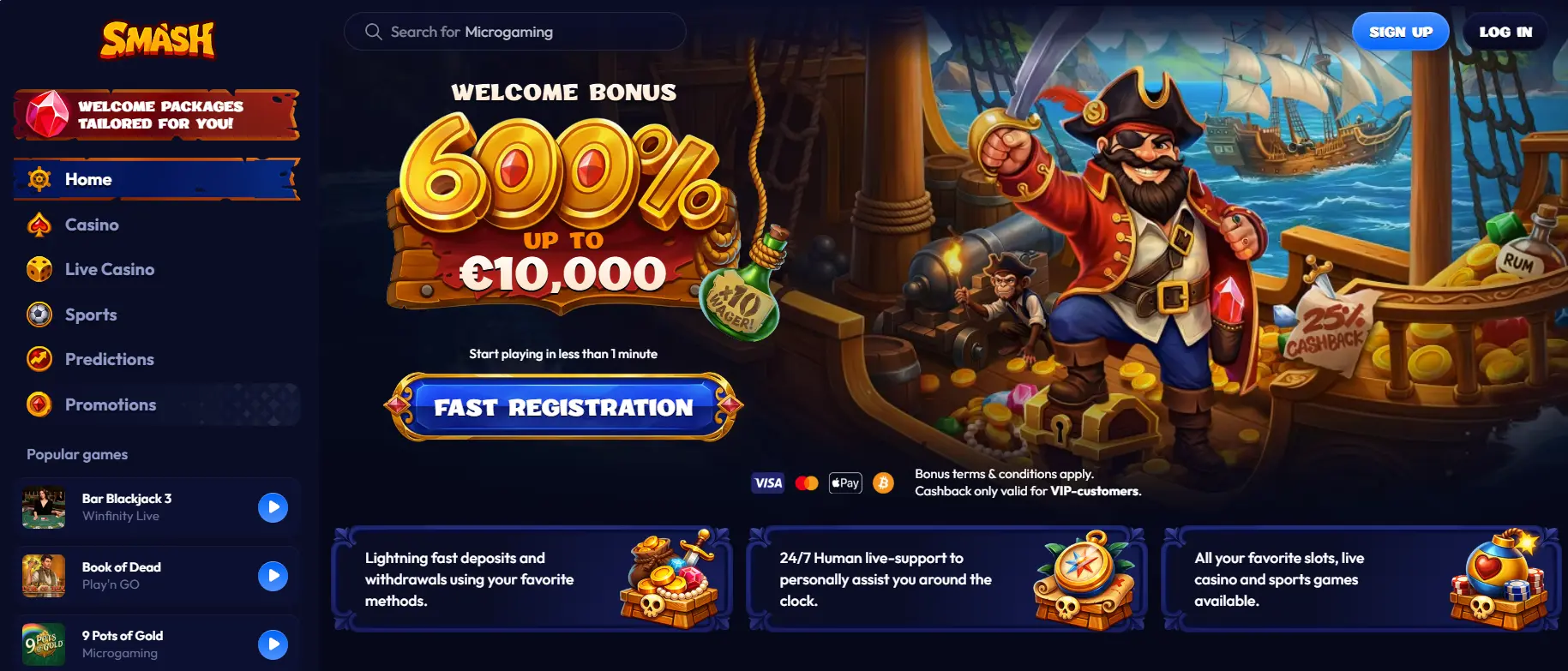 Smash casino homepage desktop screenshot